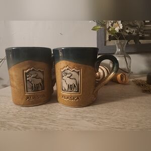 ALASKA Coffee Cups mugs QTY 2 Cold Mountain Pottery billings MT Moose. 4 1/4"